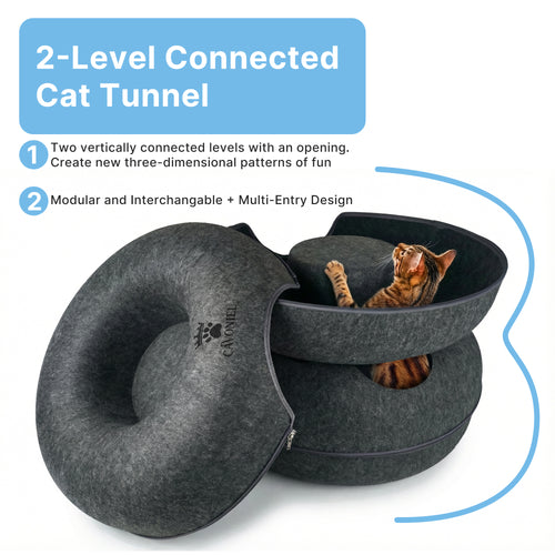 Cavoniel 2-Level Detachable Large Cat Tunnel Bed for Indoor Cats, Scratch-Resistant Felt Donut Cat Cave, Supports Up to 30 lbs, Peekaboo Cat Tube (Dark Grey, L 24 x 24 x 22 in)