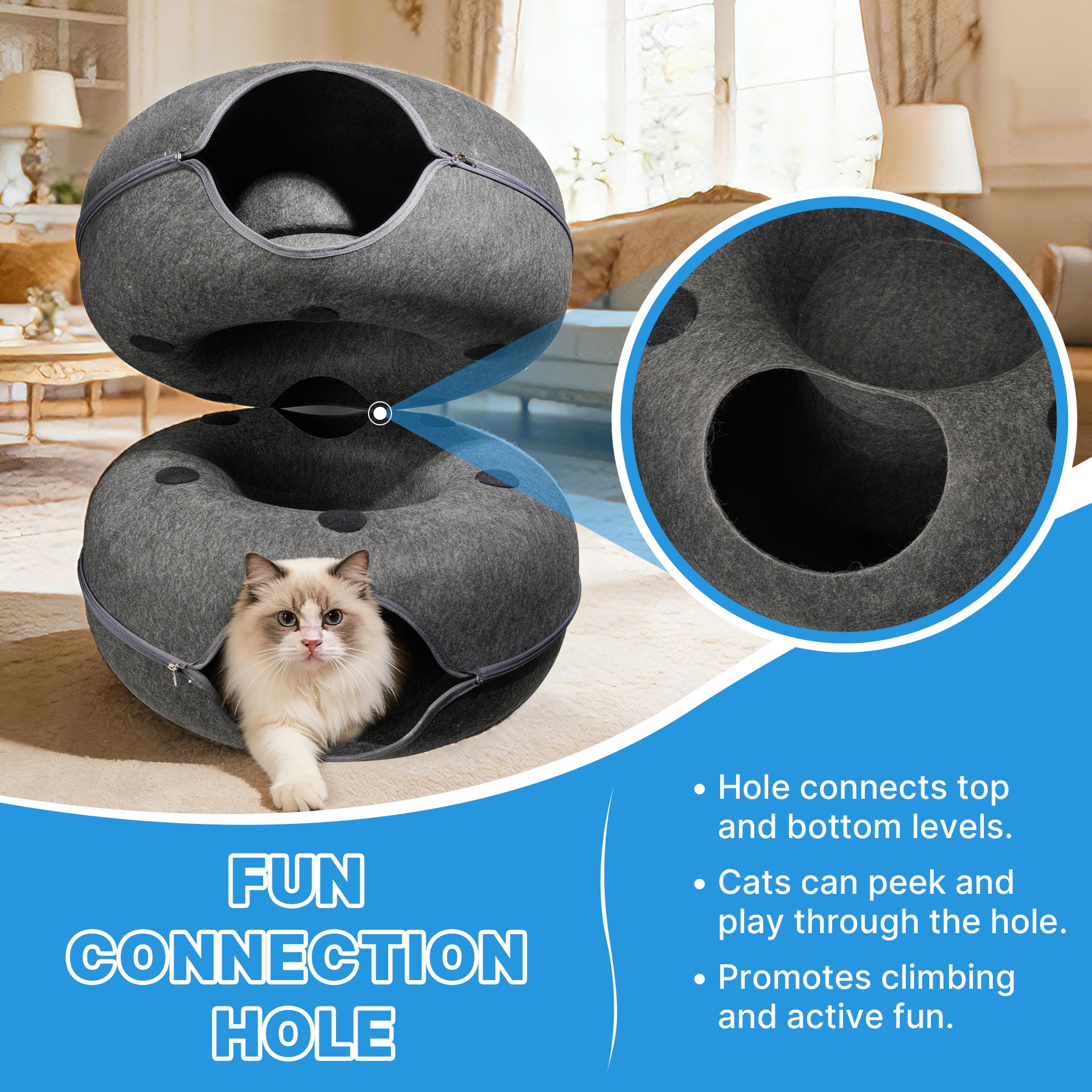 Cavoniel 2-Level Detachable Large Cat Tunnel Bed for Indoor Cats, Scratch-Resistant Felt Donut Cat Cave, Supports Up to 30 lbs, Peekaboo Cat Tube (Dark Grey, L 24 x 24 x 22 in)