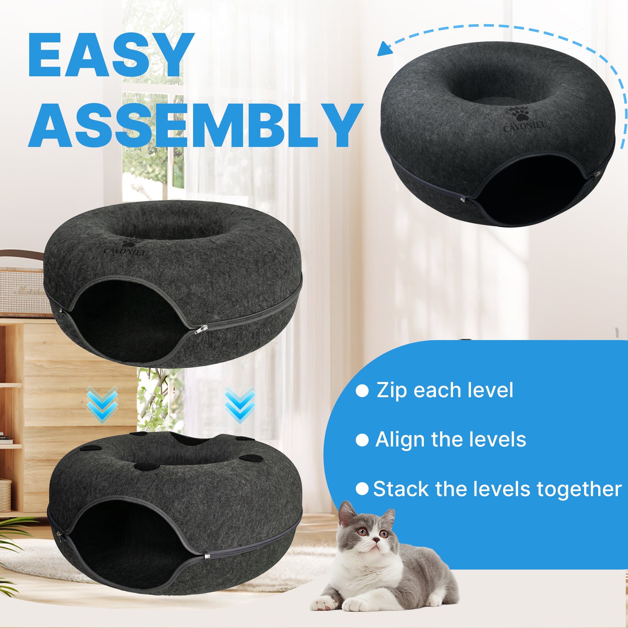 Cavoniel 2-Level Detachable Large Cat Tunnel Bed for Indoor Cats, Scratch-Resistant Felt Donut Cat Cave, Supports Up to 30 lbs, Peekaboo Cat Tube (Dark Grey, L 24 x 24 x 22 in)