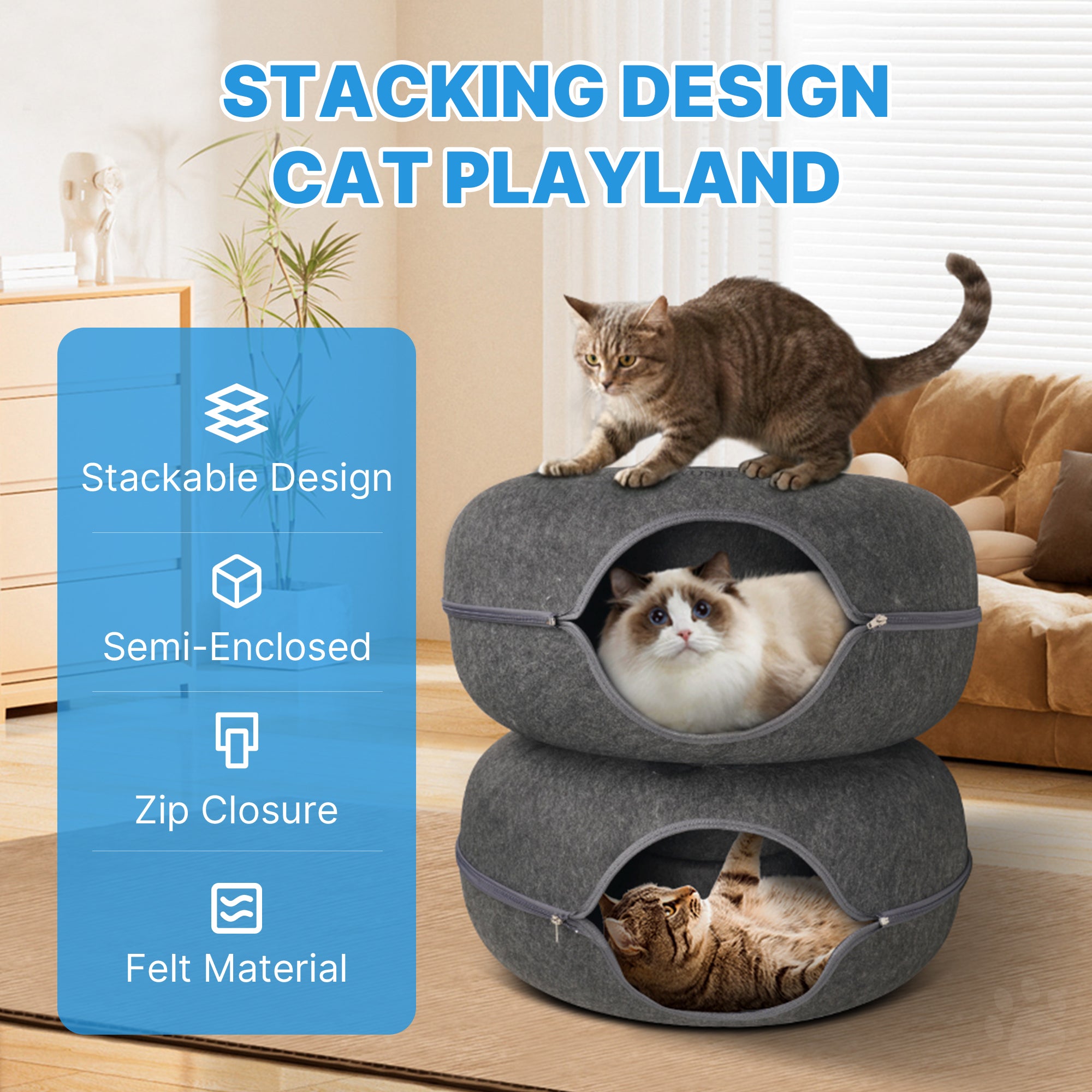 Cavoniel 2-Level Detachable Large Cat Tunnel Bed for Indoor Cats, Scratch-Resistant Felt Donut Cat Cave, Supports Up to 30 lbs, Peekaboo Cat Tube (Dark Grey, L 24 x 24 x 22 in)