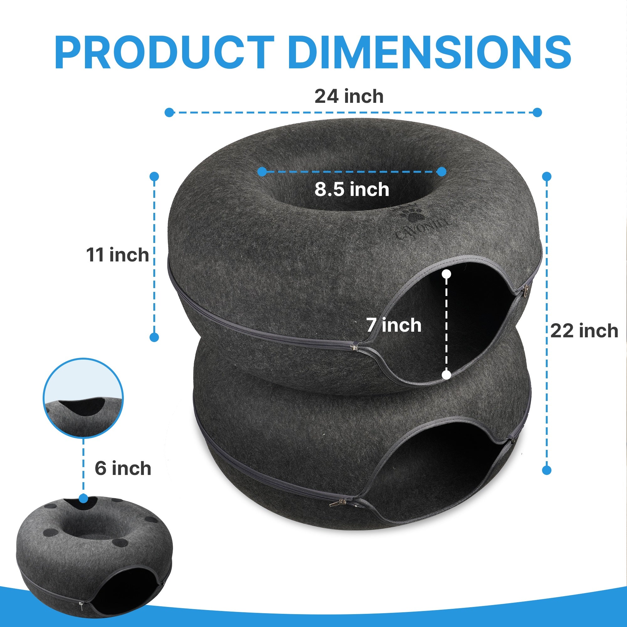 Cavoniel 2-Level Detachable Large Cat Tunnel Bed for Indoor Cats, Scratch-Resistant Felt Donut Cat Cave, Supports Up to 30 lbs, Peekaboo Cat Tube (Dark Grey, L 24 x 24 x 22 in)