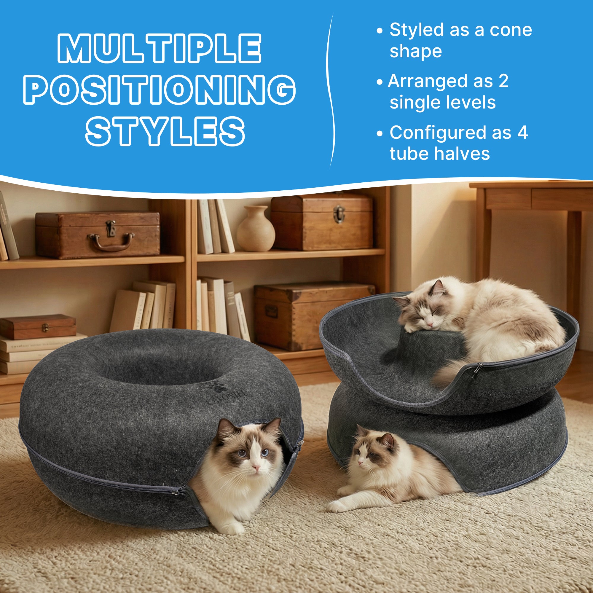 Cavoniel 2-Level Detachable Large Cat Tunnel Bed for Indoor Cats, Scratch-Resistant Felt Donut Cat Cave, Supports Up to 30 lbs, Peekaboo Cat Tube (Dark Grey, L 24 x 24 x 22 in)