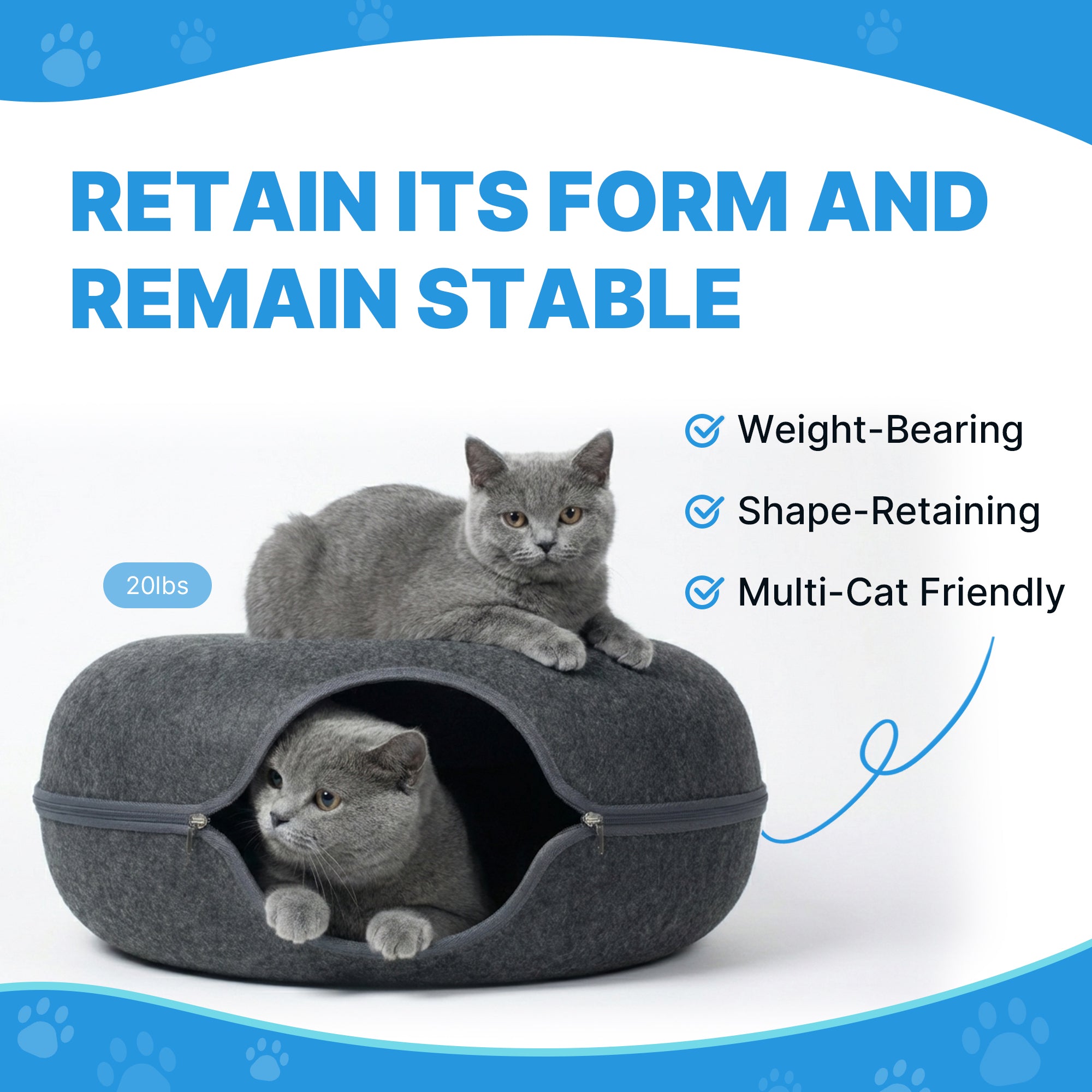 Cavoniel 2-Level Detachable Large Cat Tunnel Bed for Indoor Cats, Scratch-Resistant Felt Donut Cat Cave, Supports Up to 30 lbs, Peekaboo Cat Tube (Dark Grey, L 24 x 24 x 22 in)